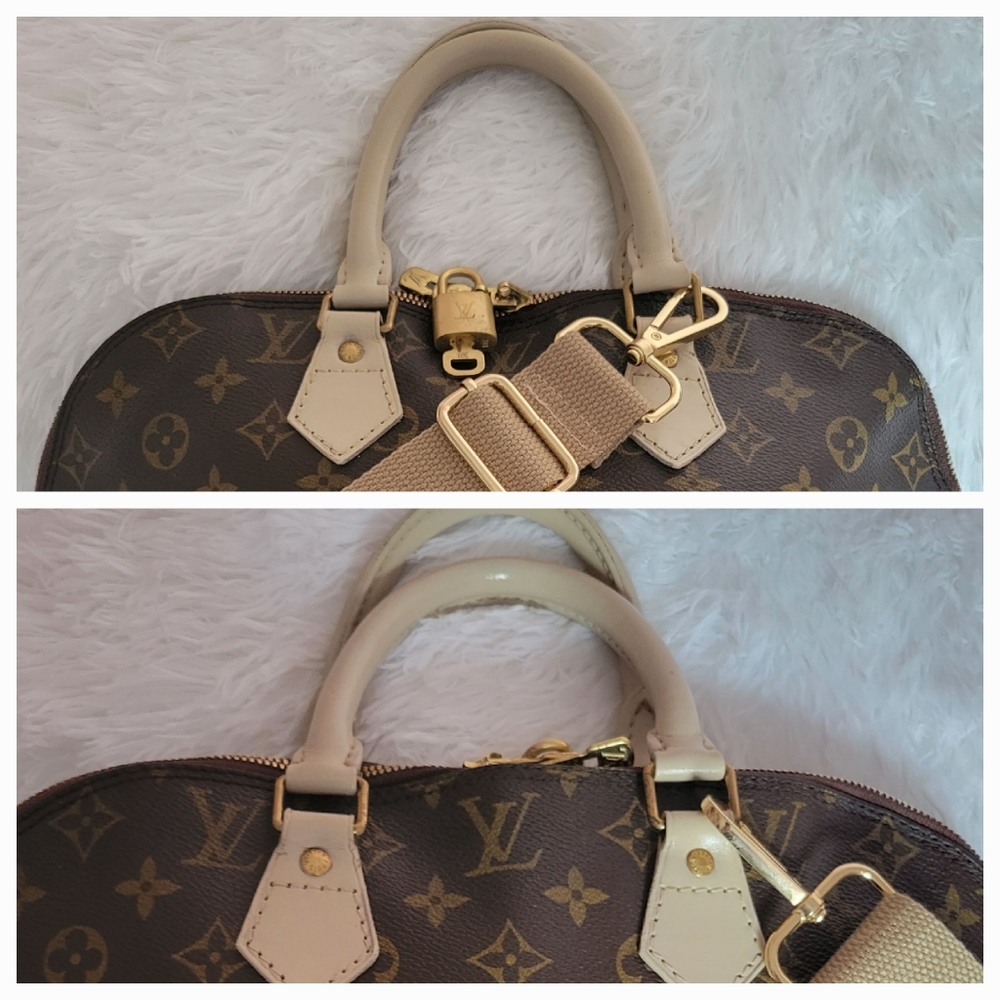 Louis Vuitton Monogram Canvas Alma Crossbody Bag with Cream Trim and Beige Strap - Picture 7 of 16